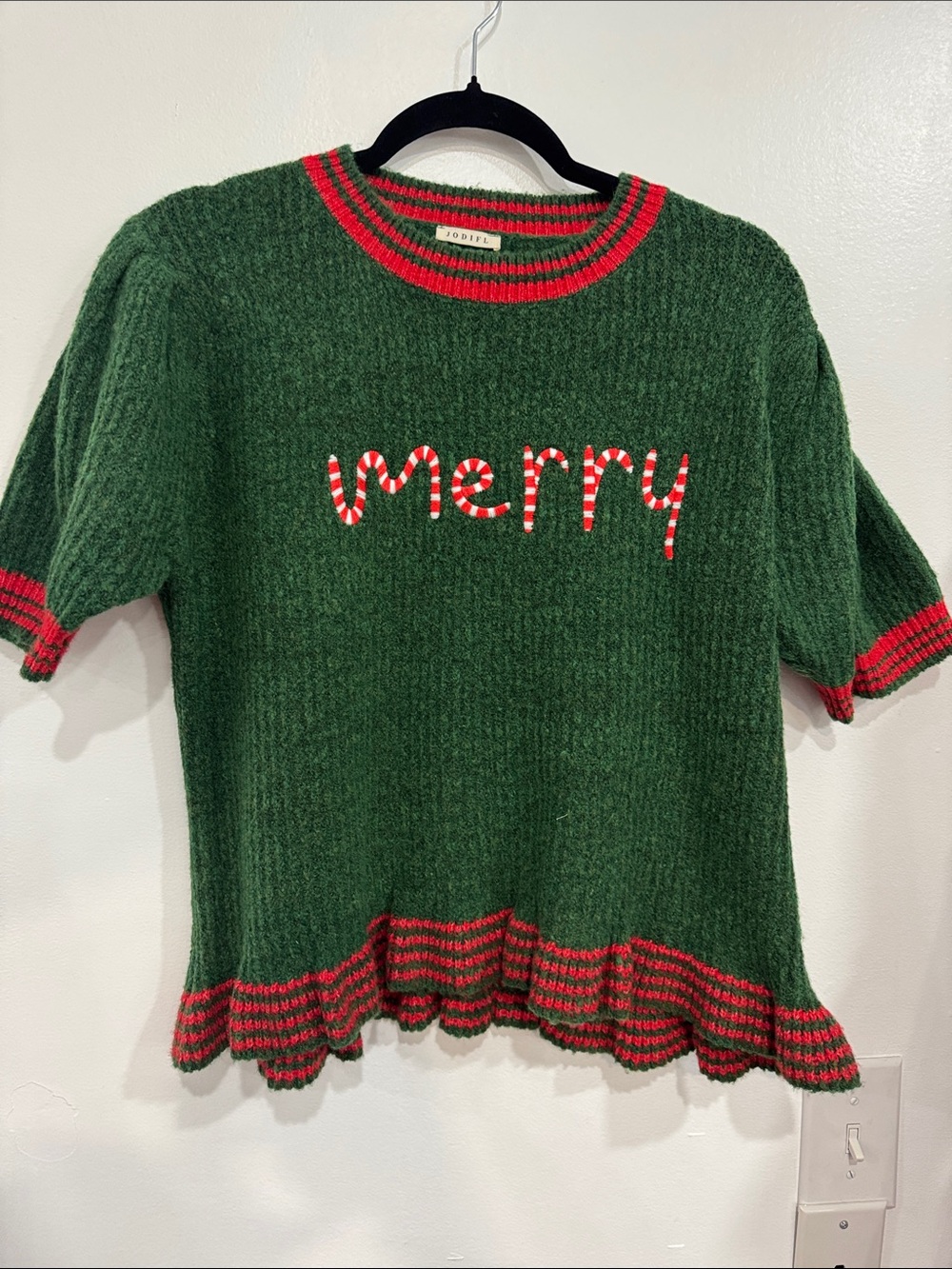 JODIFL Green Short-Sleeve Crew Sweater with Red Trim and 'Merry' Detail
